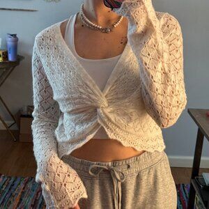 small american eagle pointelle twist-front cropped sweater